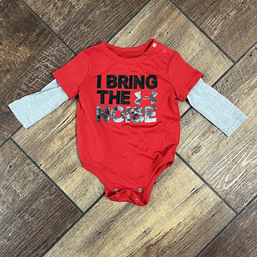 Under Armour Bodysuit Baby Boy Size 0-3 Months Polo Red Gray "I Bring The Noise"